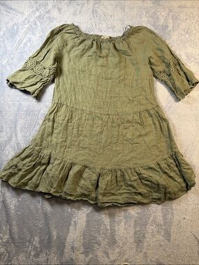 Terzo Millennio Olive Green Tiered Mini Dress Lace Sleeves Italy 3237-10